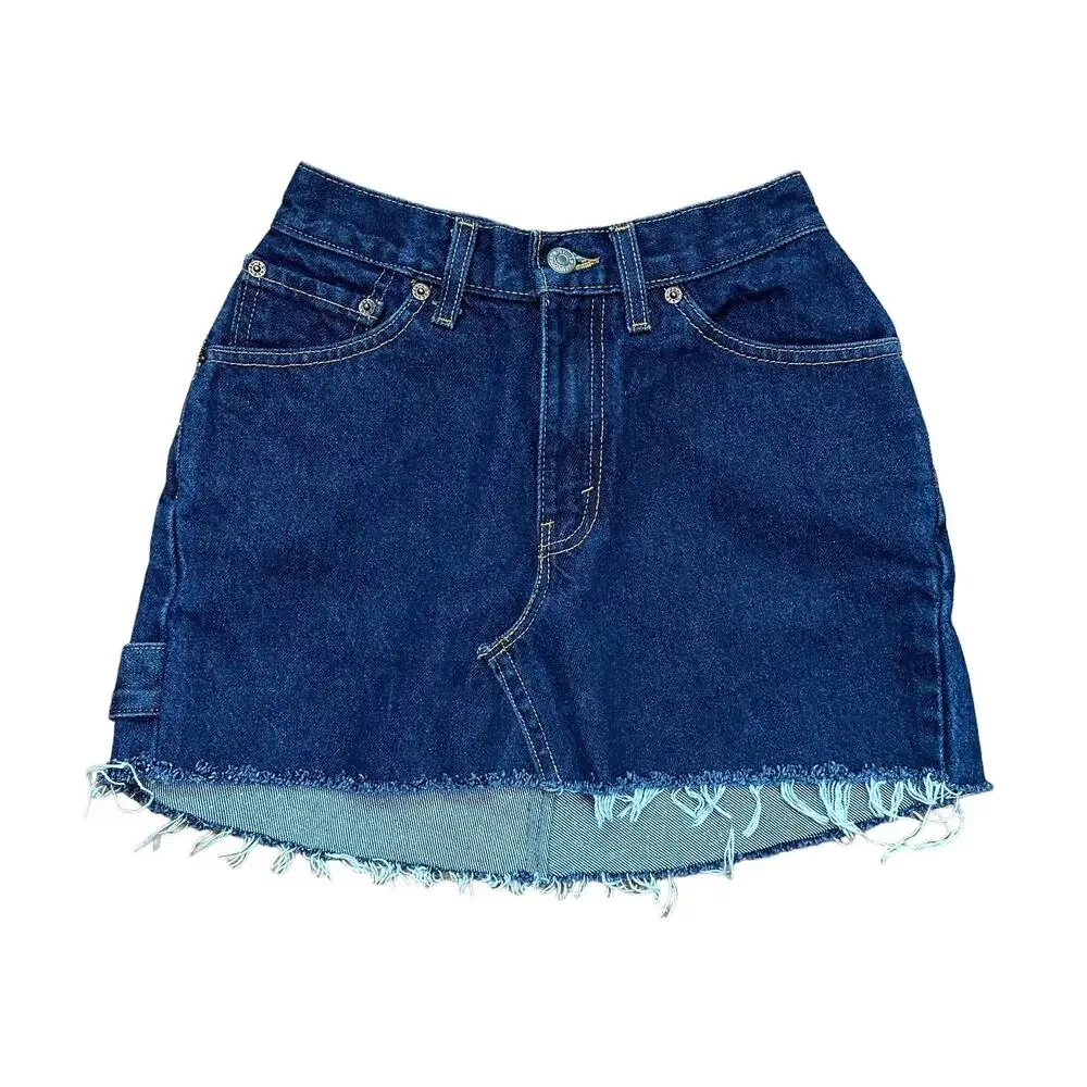 aligrace Levi's 501 Denim Mini Skirt Raw Hem SIZE 23 Reworked Unique $258 NEW - Picture 4 of 9